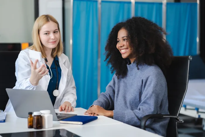 Doctors use a service fee calculator to save money on health insurance, drug cost concepts.